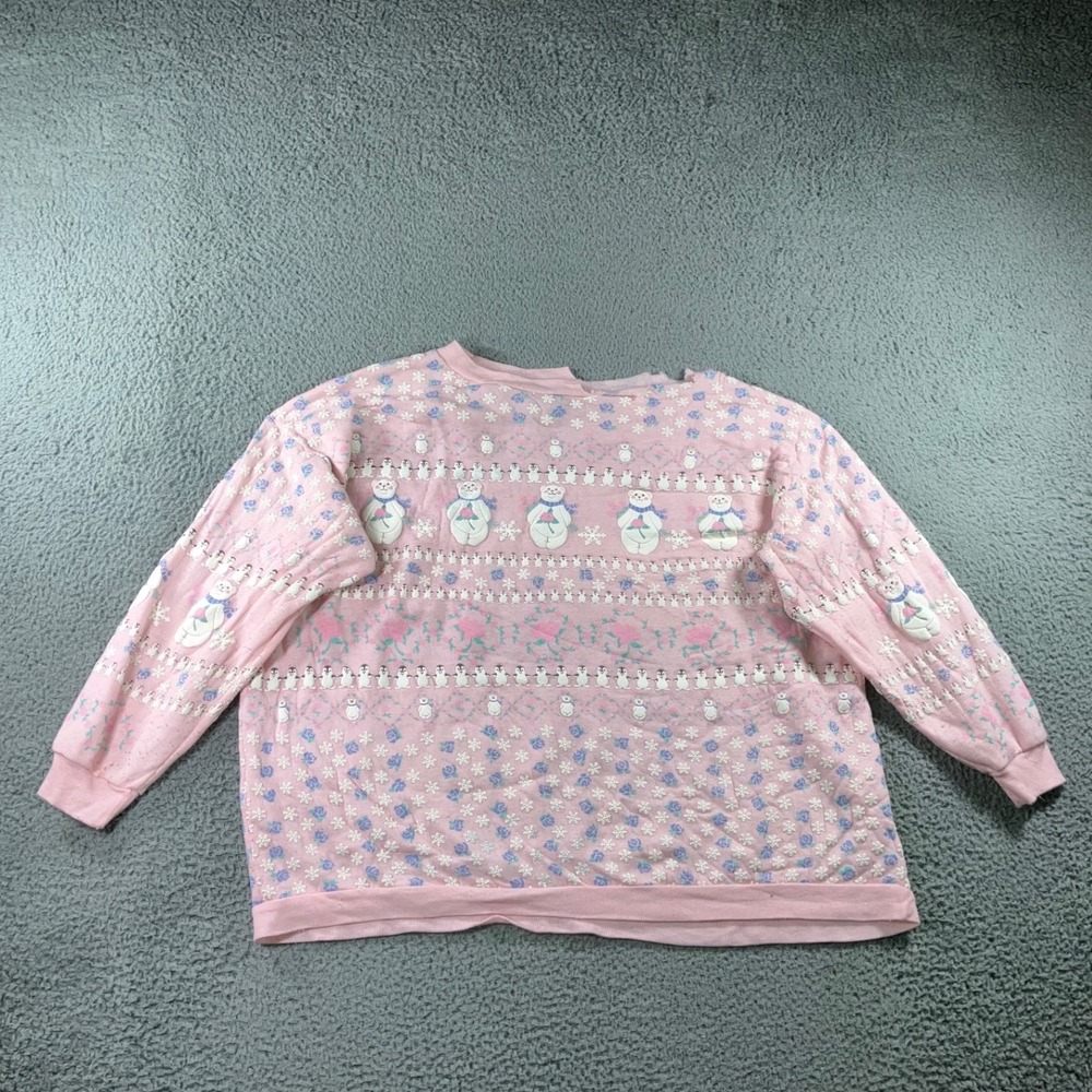 Vtg 90s Snowman Sweatshirt XL Pink Distressed Grandmacore Ugly Christmas Pastel